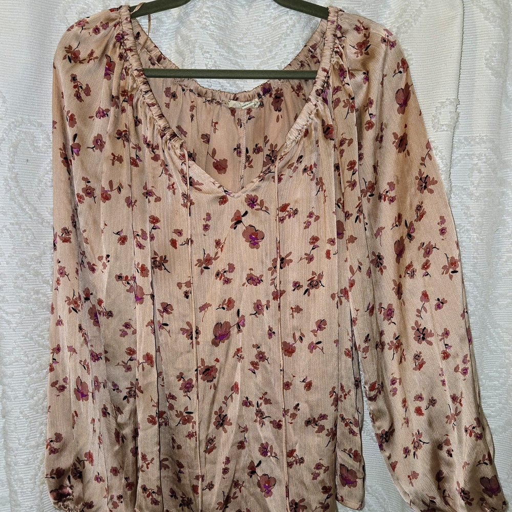 Love Stitch Flowy Satin Floral Blouse in Blush and Burgundy Long Sleeve